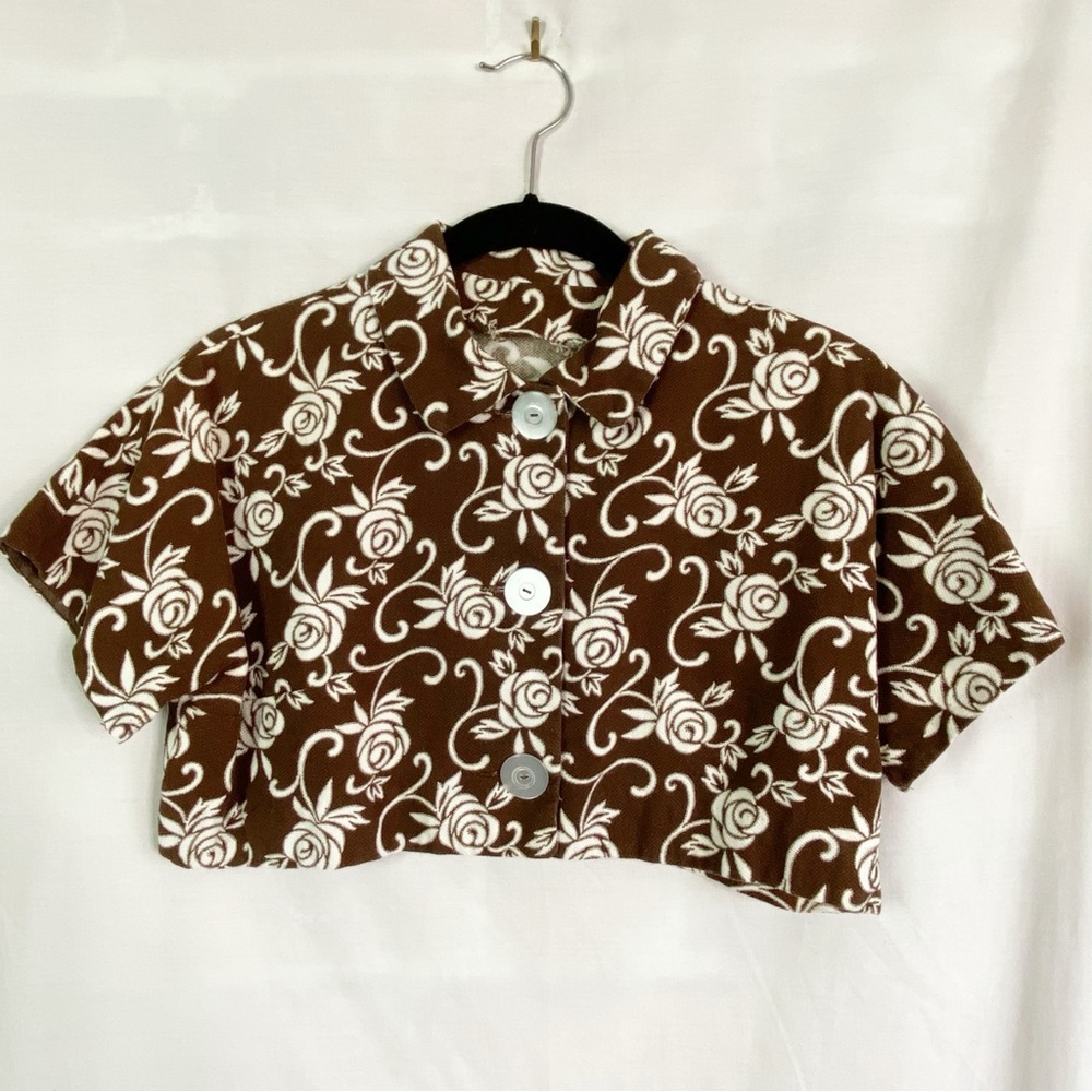 Vintage 70’s Brown and White Floral Chunky Button Up Crop Top Med